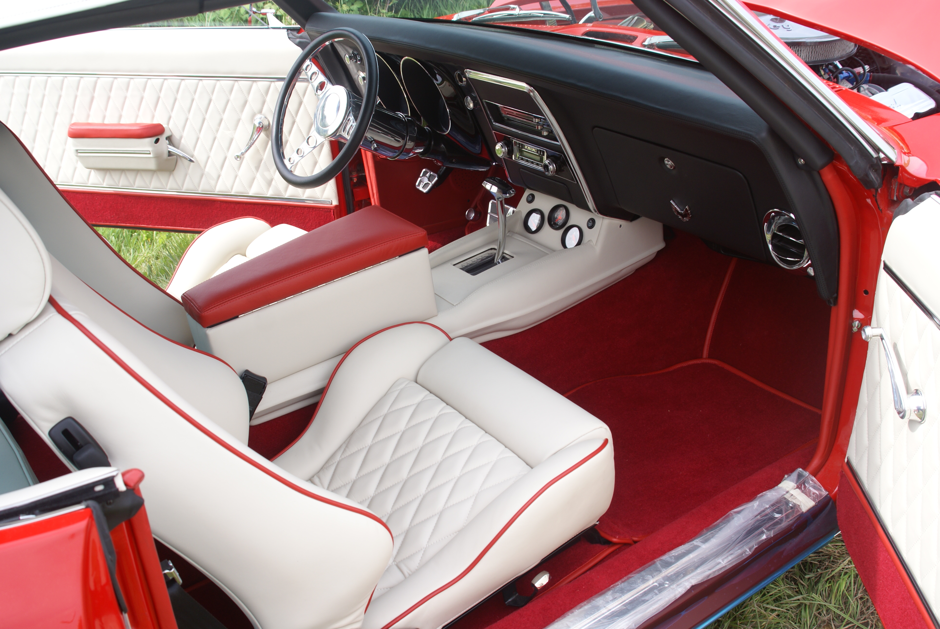 1968 Pontiac Firebird bespoke interior — linen and red leather by Auto Interiors of London